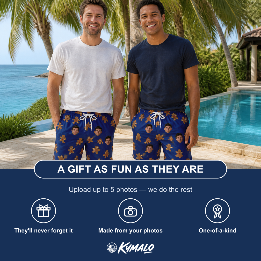 Friends in matching Men's Cookie Kringle Custom Face Beach Shorts — a group gift photo