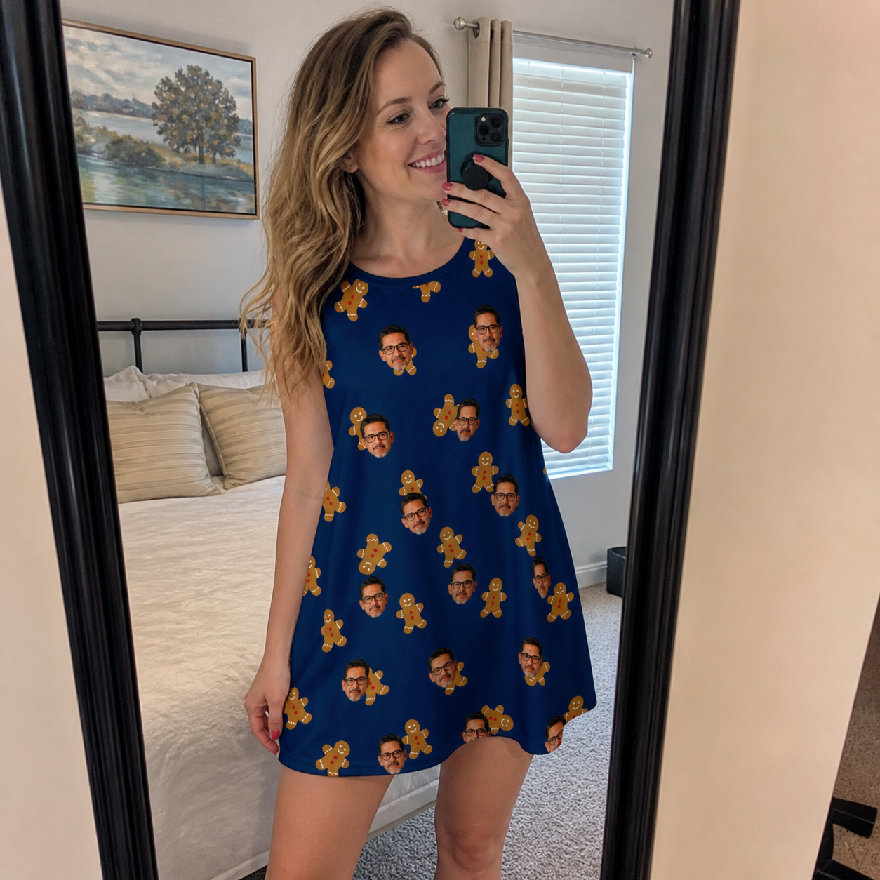 Real-life photo of someone wearing Women's Cookie Kringle Custom Face Tank Dress — custom faces printed all-over