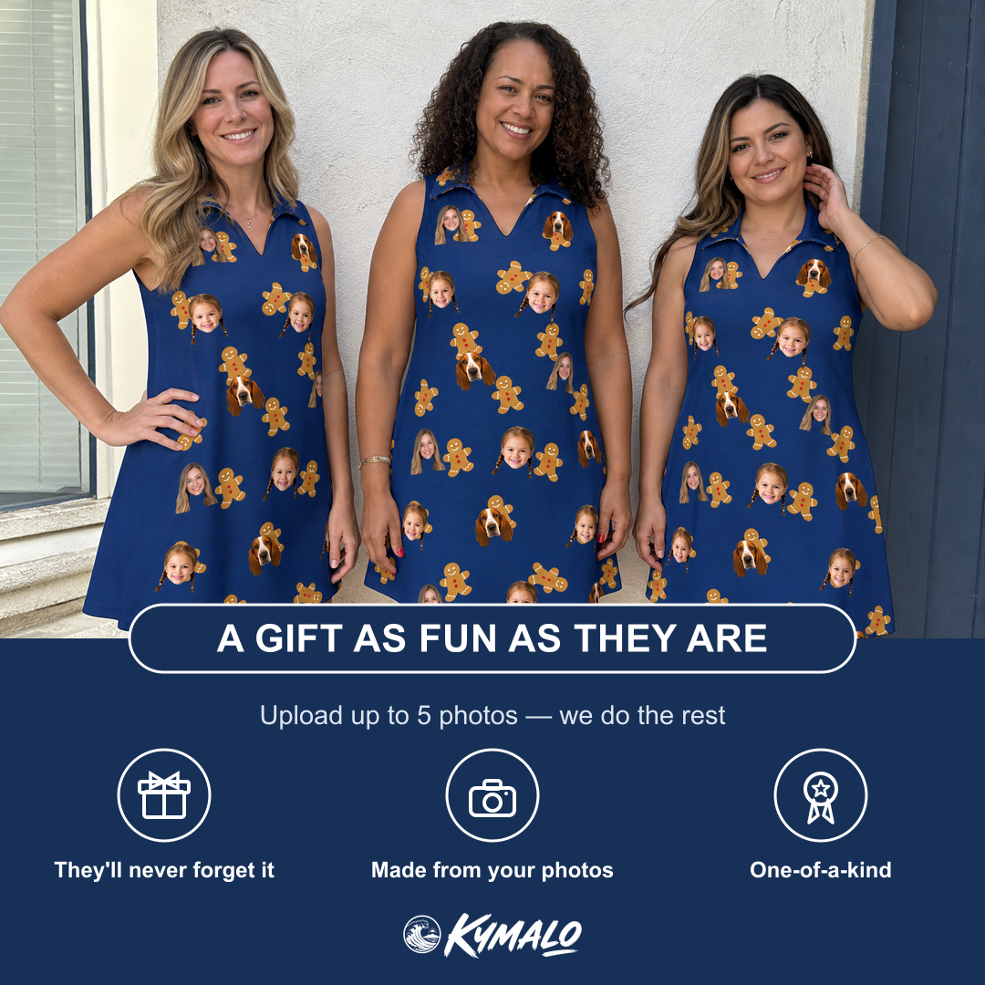 Friends in matching Women's Cookie Kringle Custom Face V-Neck Dress — a group gift photo