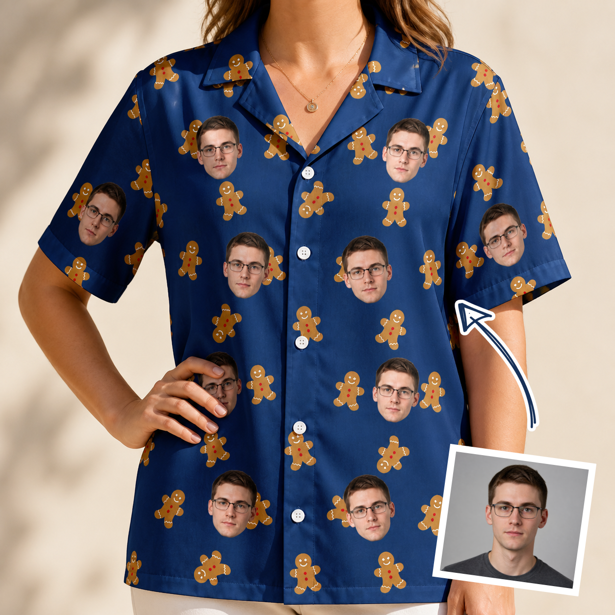 Woman wearing Women's Cookie Kringle Custom Face Hawaiian Shirt — custom faces printed all-over
