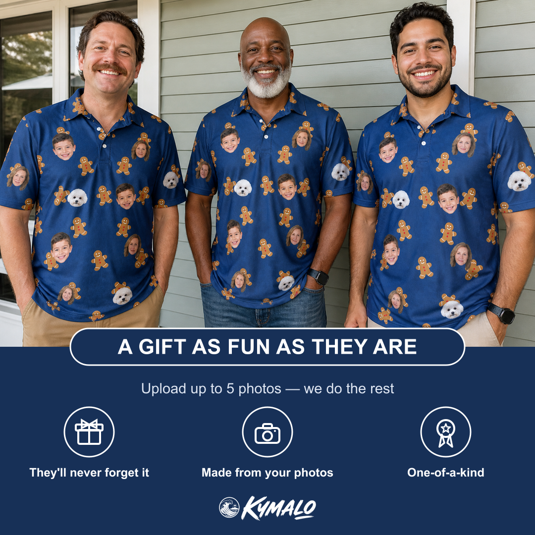 Friends in matching Men's Cookie Kringle Custom Face Polo Shirt — a group gift photo