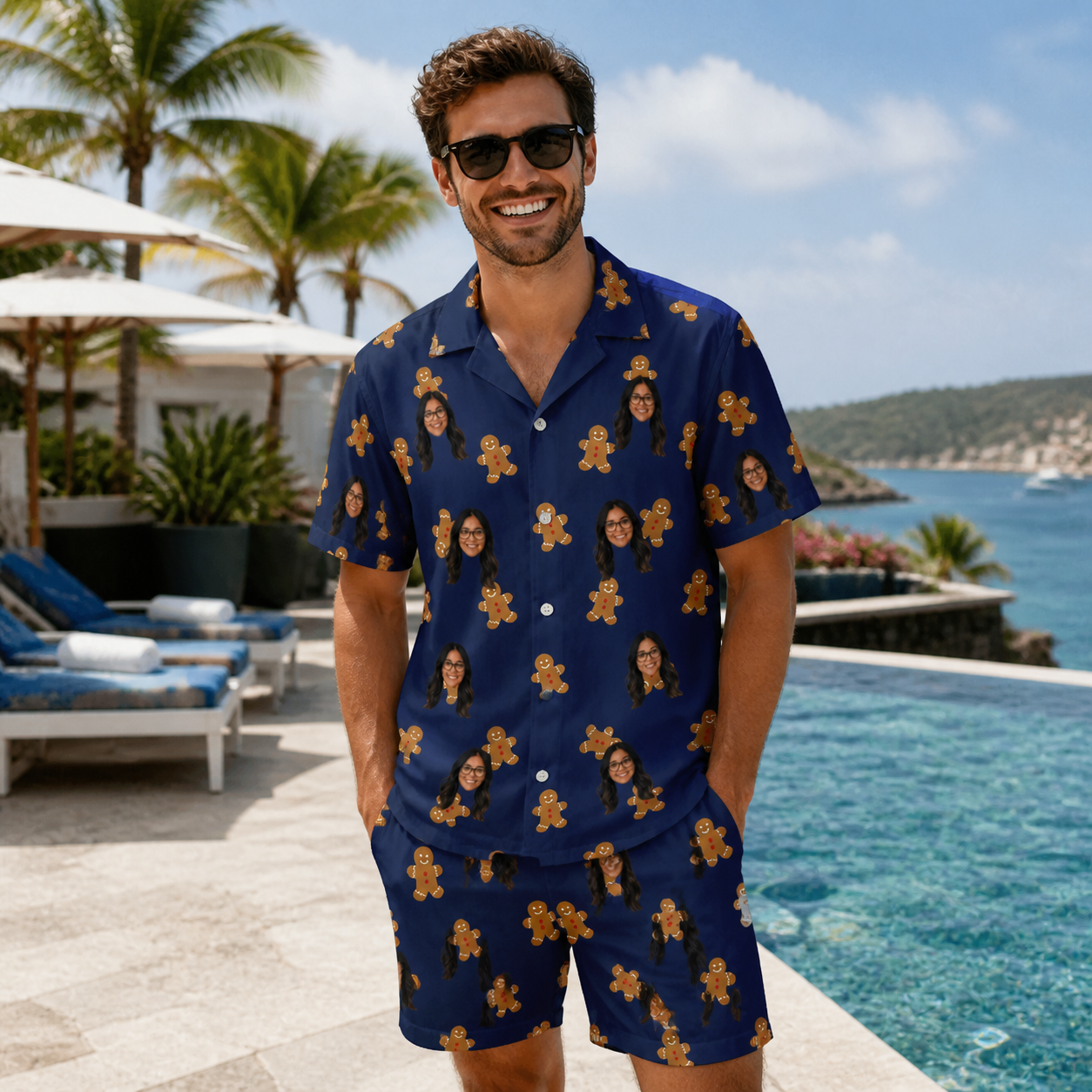 Real-life photo of someone wearing Men's Cookie Kringle Custom Face Shirt & Shorts Set — custom faces printed all-over