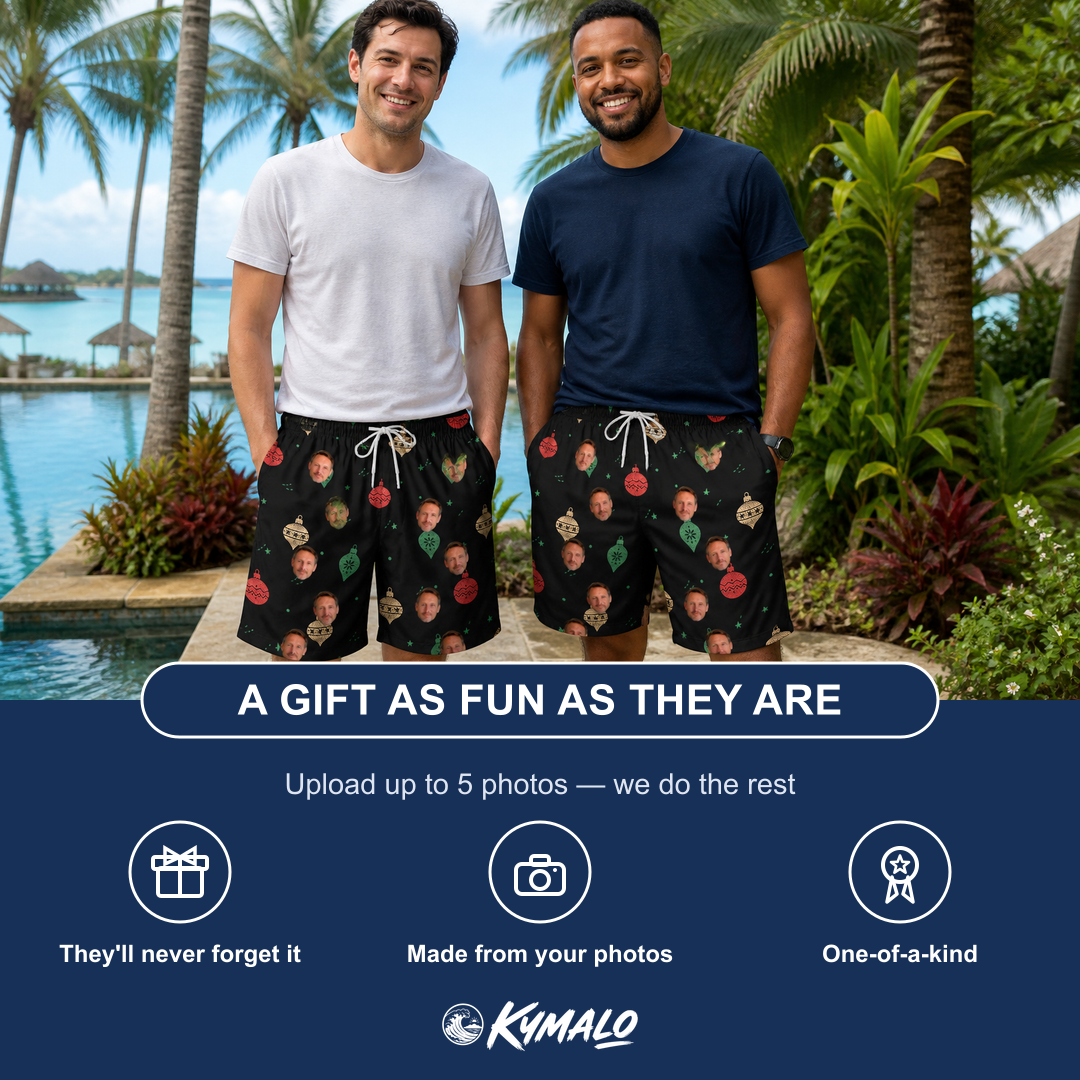 Friends in matching Men's Cranberry Charms Custom Face Beach Shorts — a group gift photo