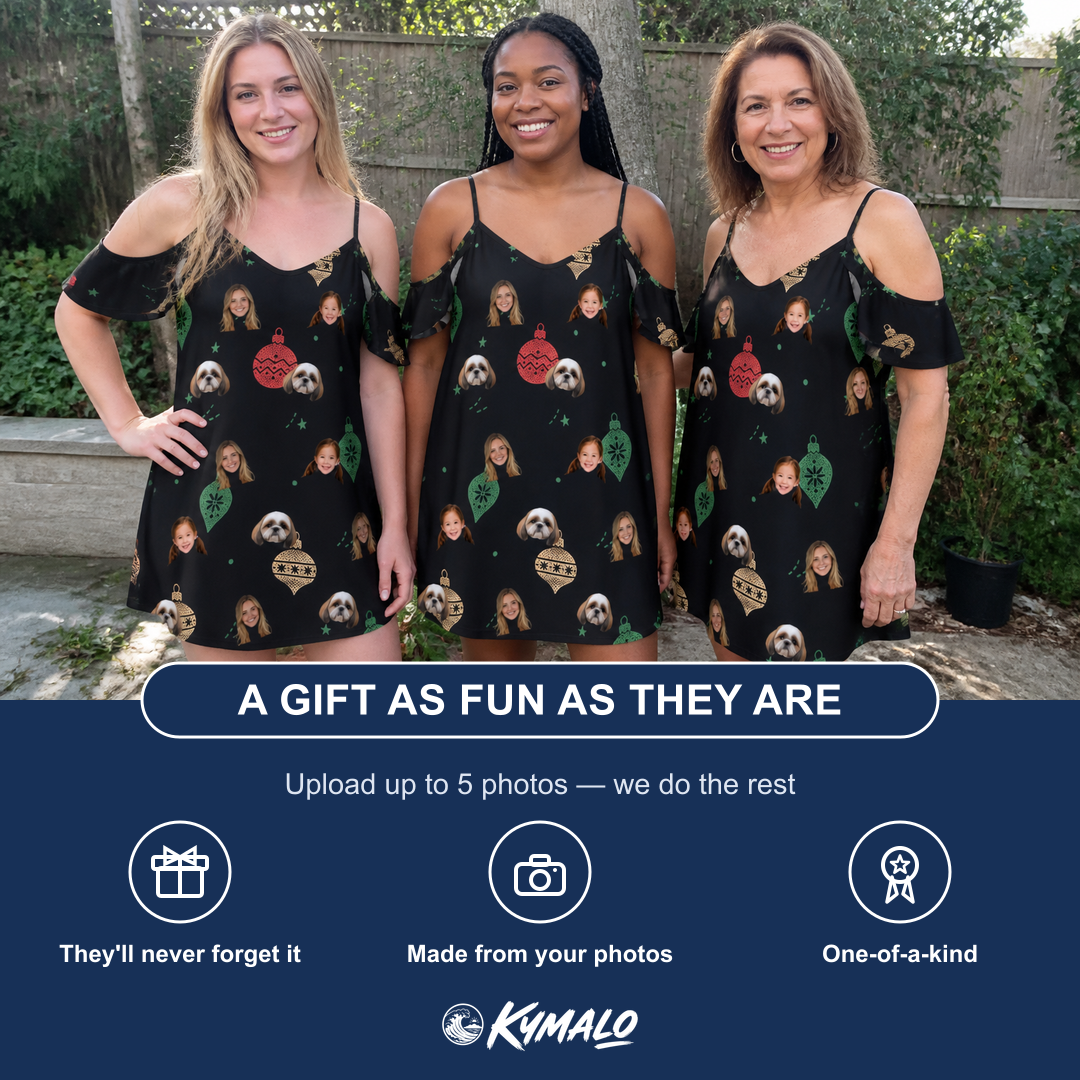 Friends in matching Women's Cranberry Charms Custom Face Off-Shoulder Dress — a group gift photo