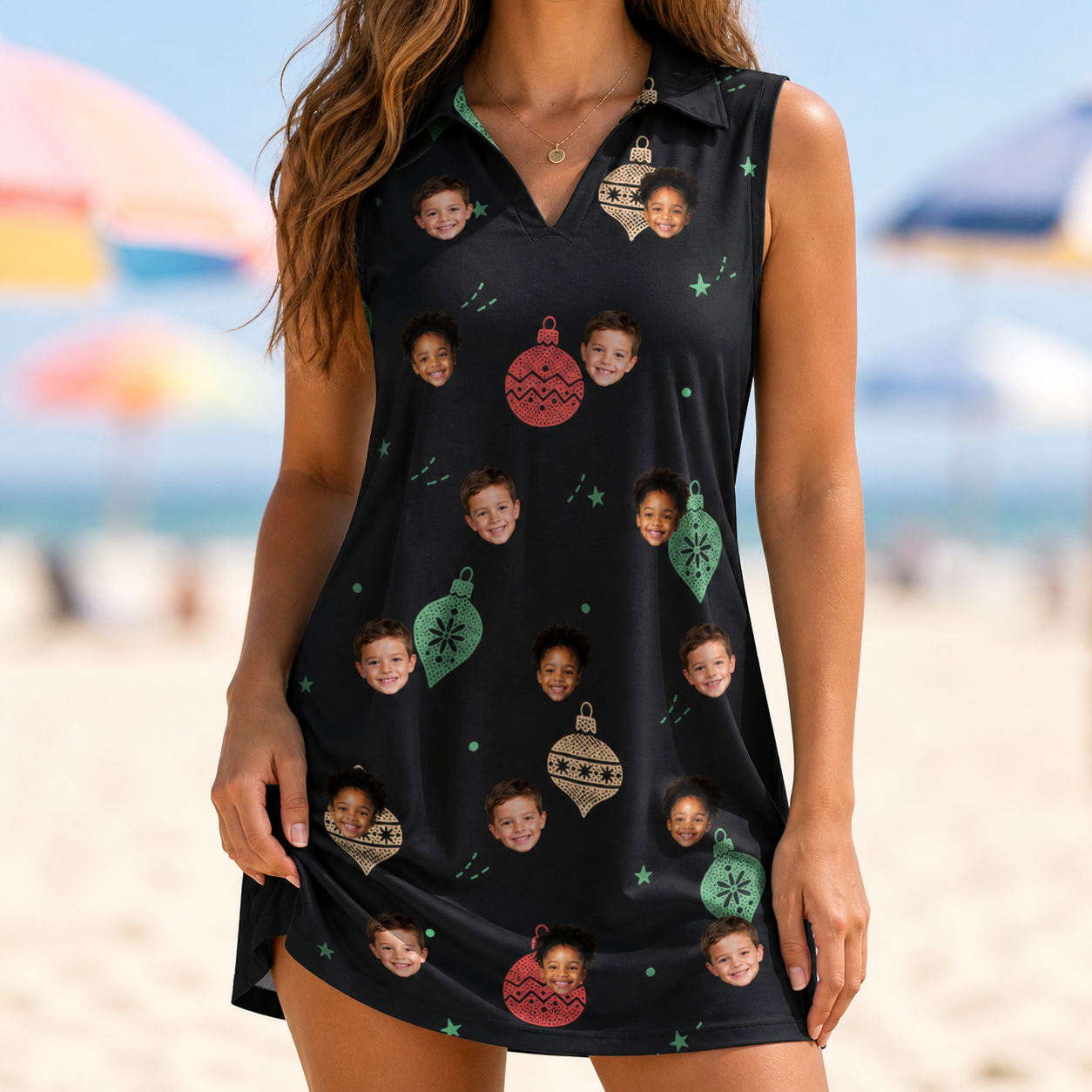Model wearing Women's Cranberry Charms Custom Face V-Neck Dress printed with kids' faces