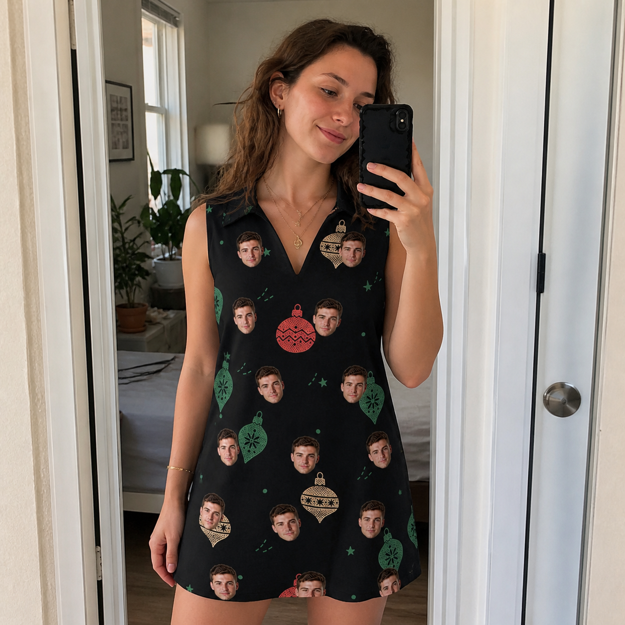 Real-life photo of someone wearing Women's Cranberry Charms Custom Face V-Neck Dress — custom faces printed all-over