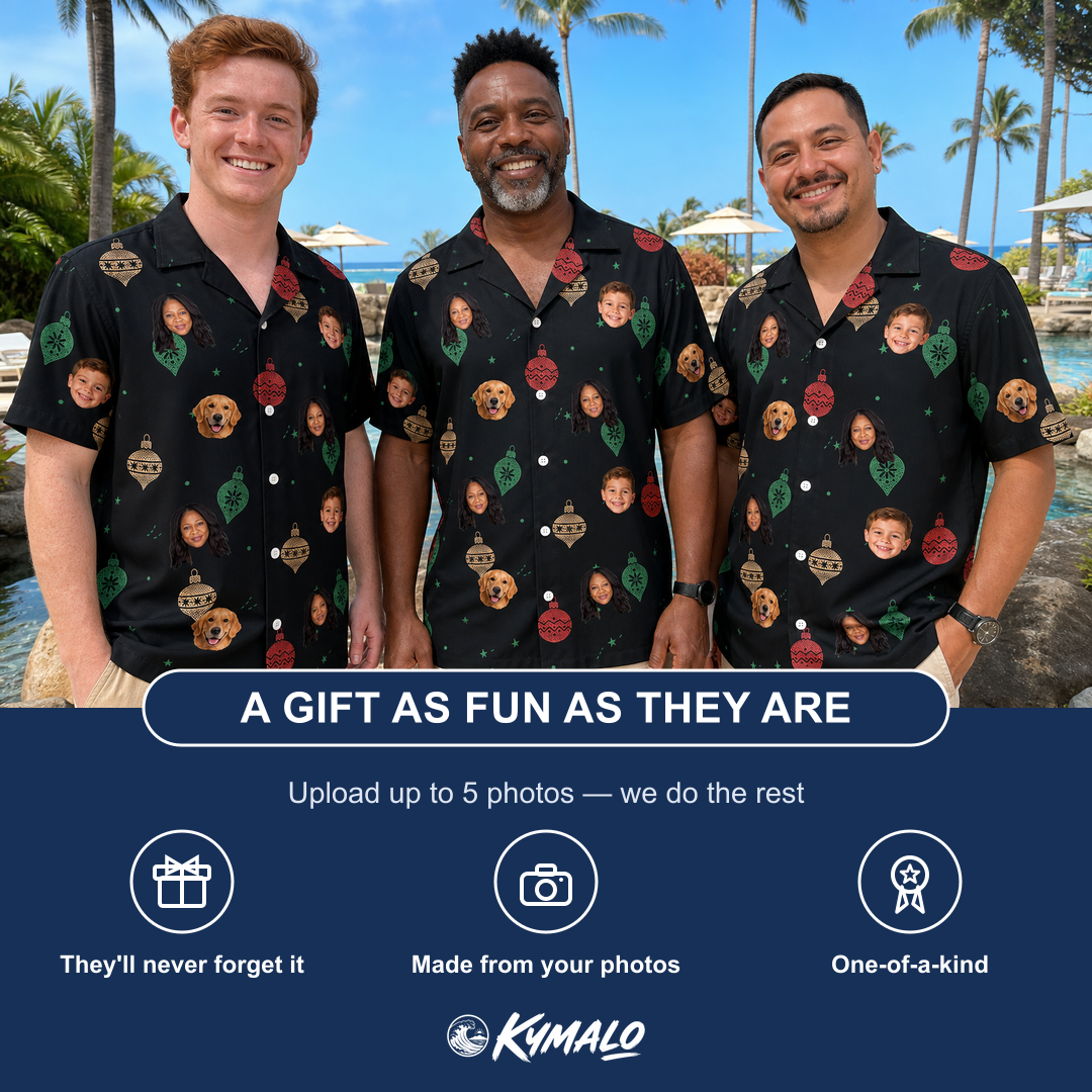 Friends in matching Men's Cranberry Charms Custom Face Hawaiian Shirt — a group gift photo