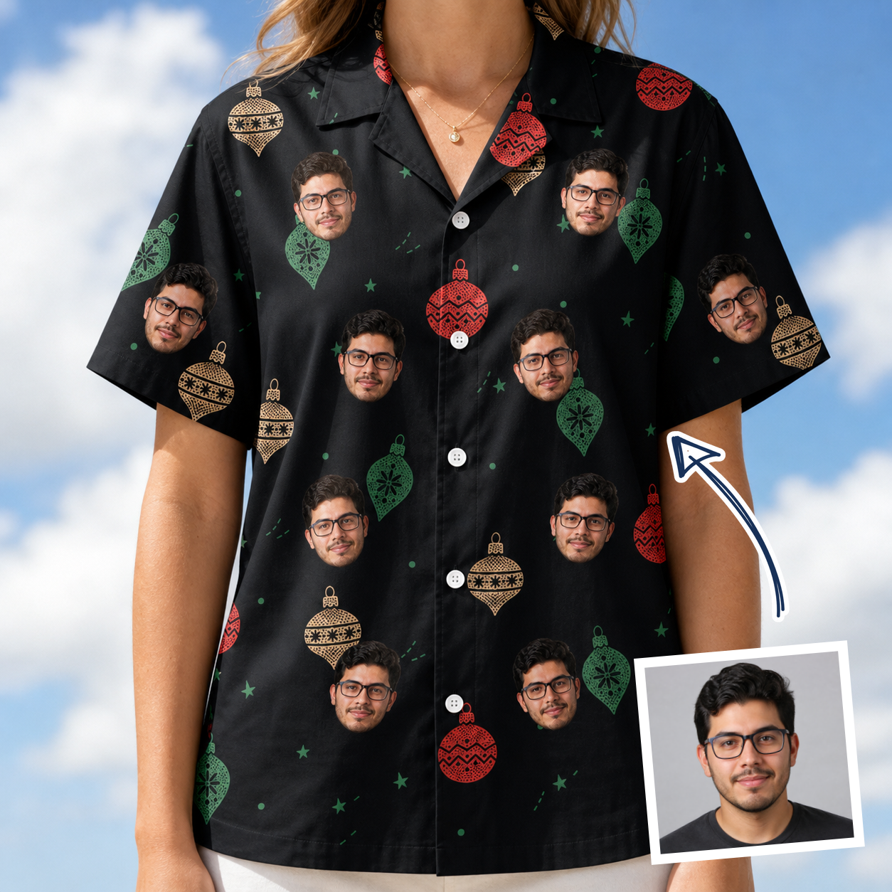 Woman wearing Women's Cranberry Charms Custom Face Hawaiian Shirt — custom faces printed all-over
