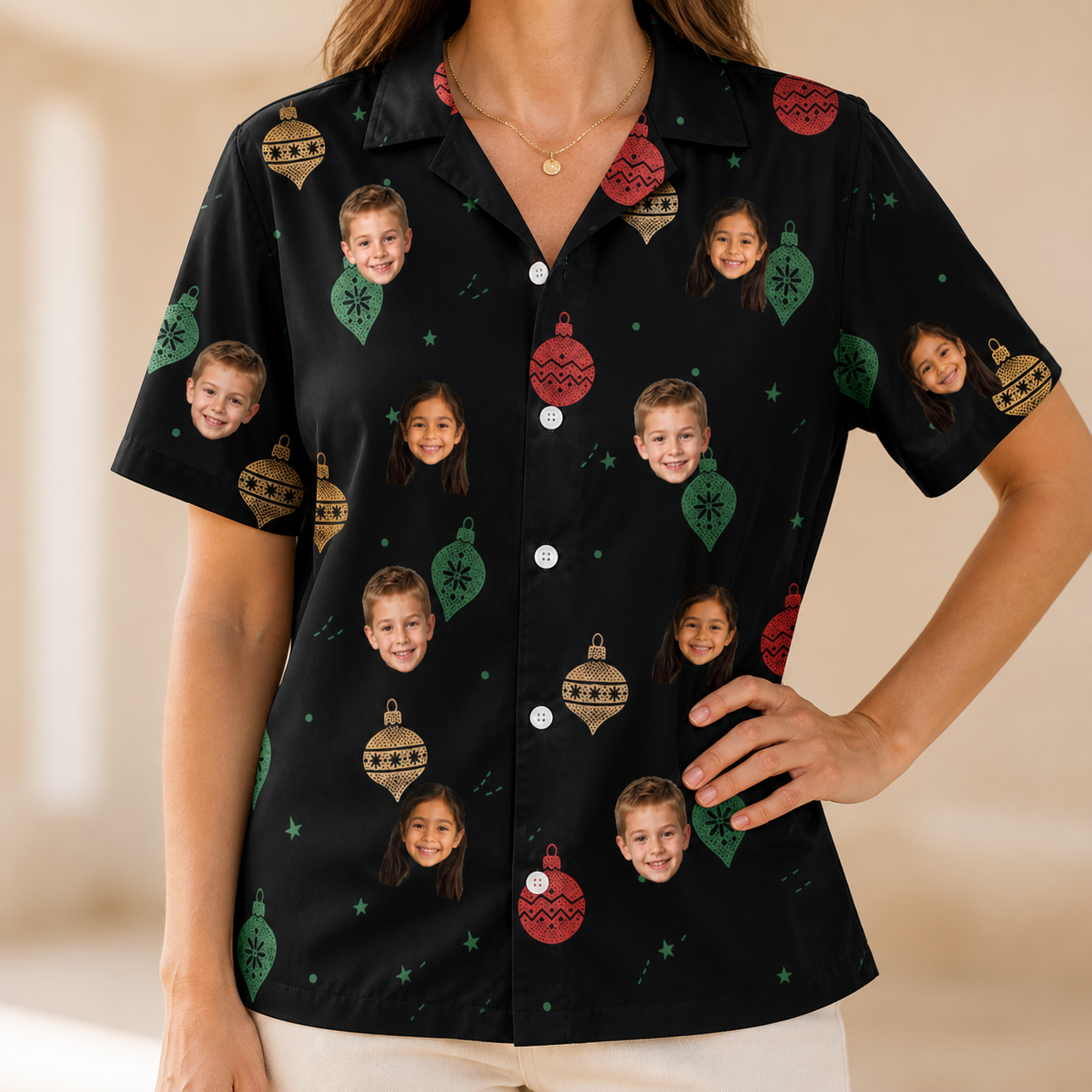 Model wearing Women's Cranberry Charms Custom Face Hawaiian Shirt printed with kids' faces