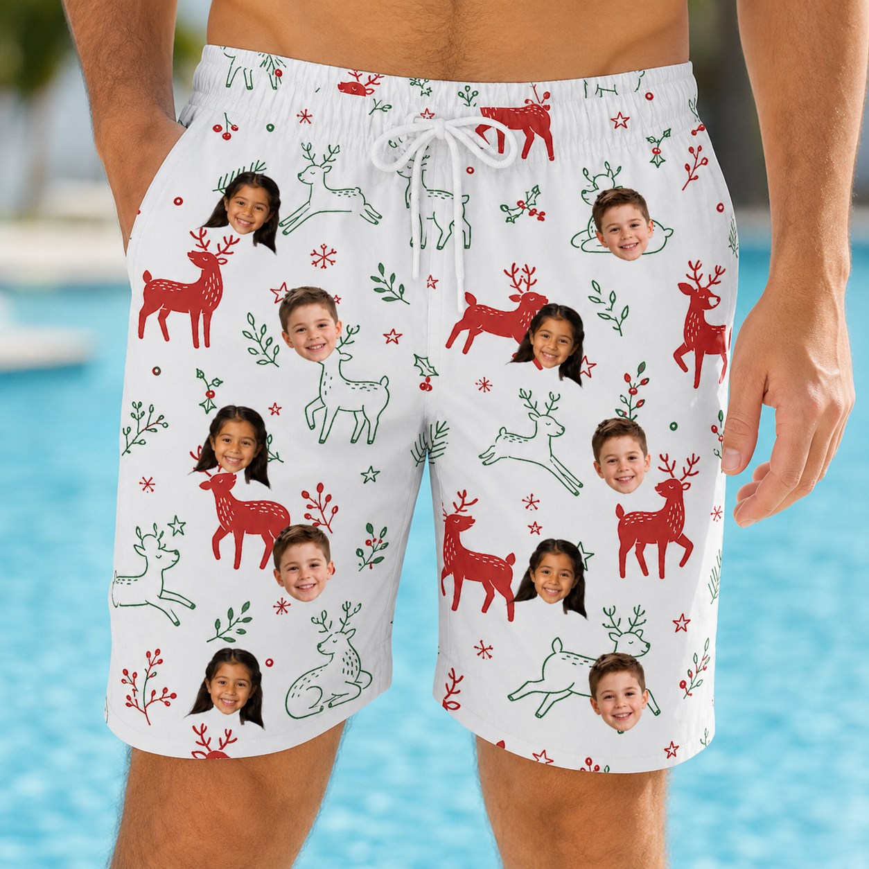 Model wearing Men's Rudolph Ruckus Custom Face Beach Shorts printed with kids' faces