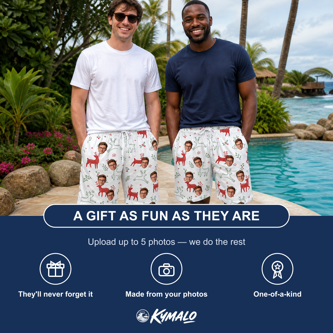 Friends in matching Men's Rudolph Ruckus Custom Face Beach Shorts — a group gift photo