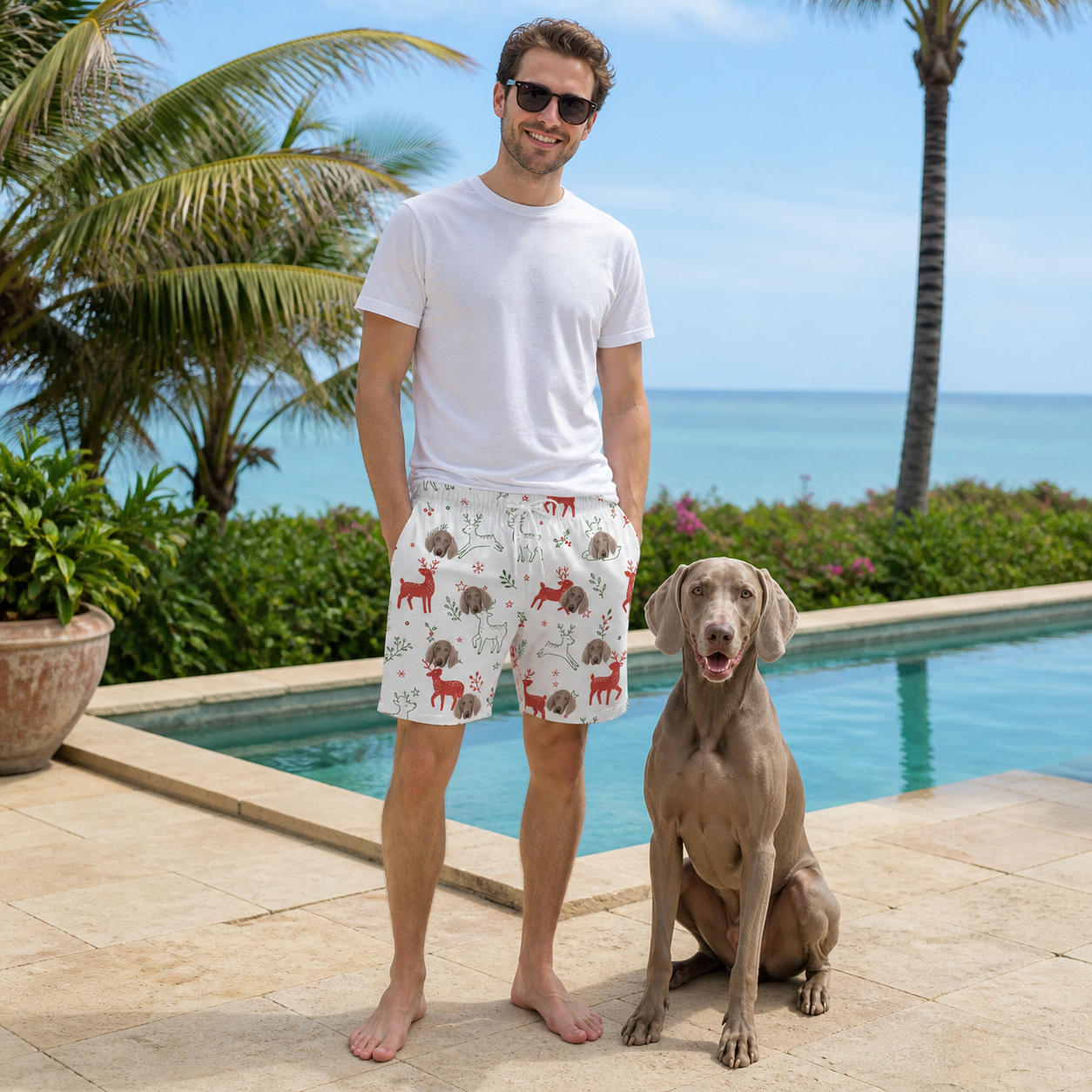 Full-length photo with the pet printed all over this Men's Rudolph Ruckus Custom Dog Face Beach Shorts