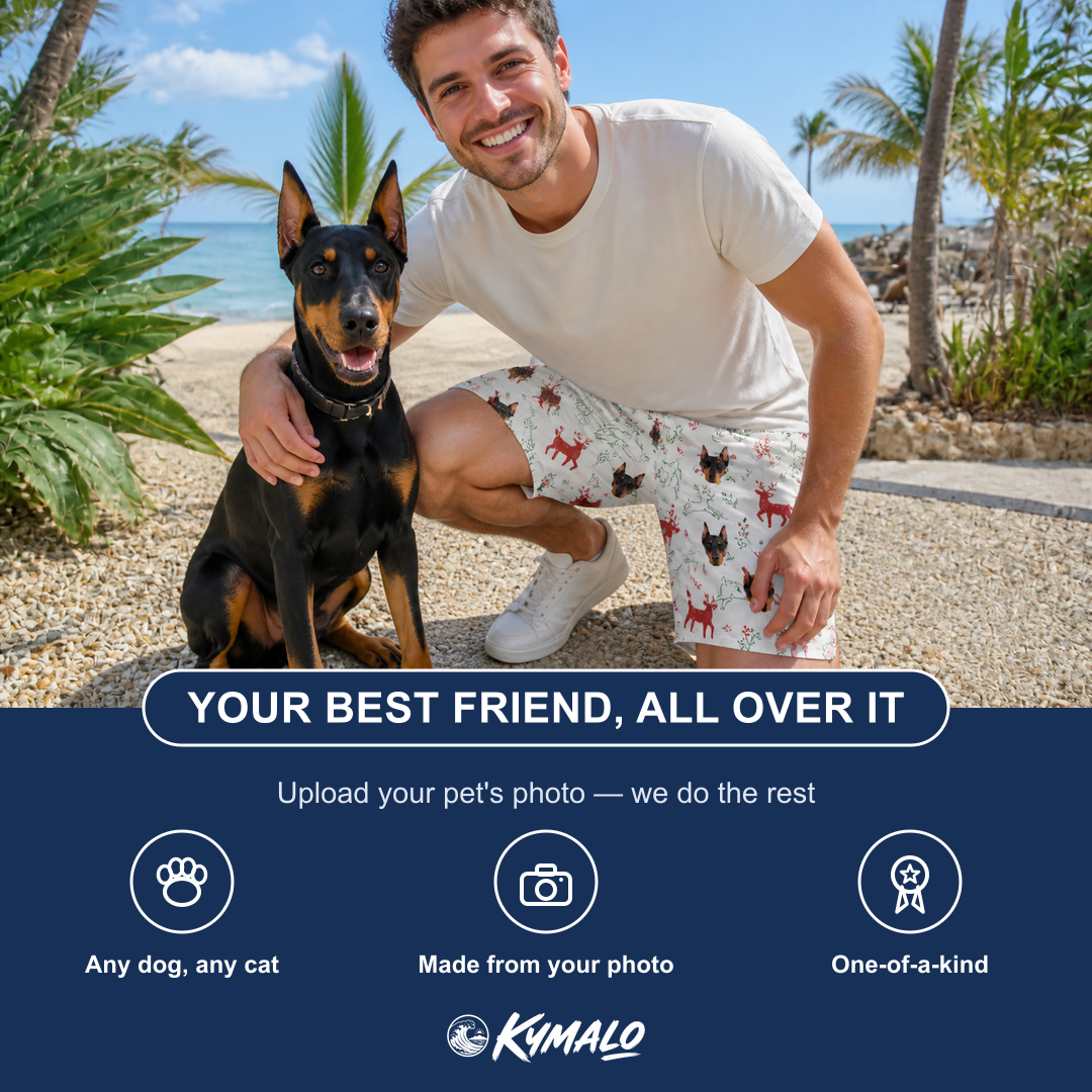 Friends in matching Men's Rudolph Ruckus Custom Dog Face Beach Shorts — a group gift photo