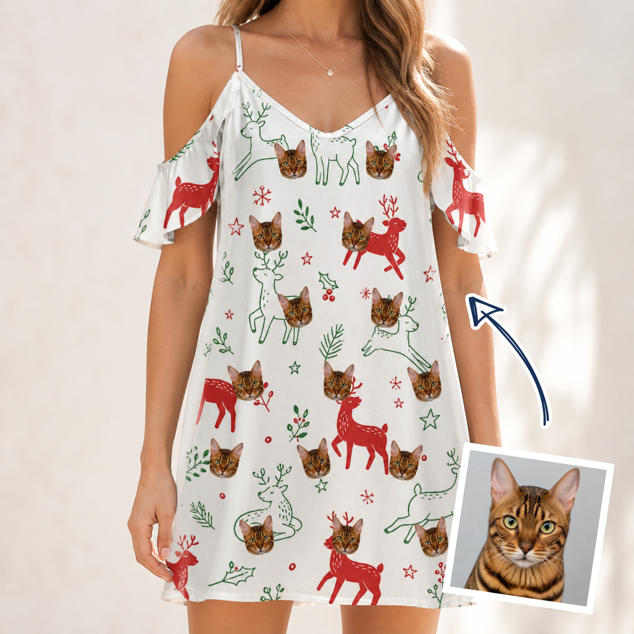 Woman wearing Women's Rudolph Ruckus Custom Cat Face Off-Shoulder Dress — custom faces printed all-over