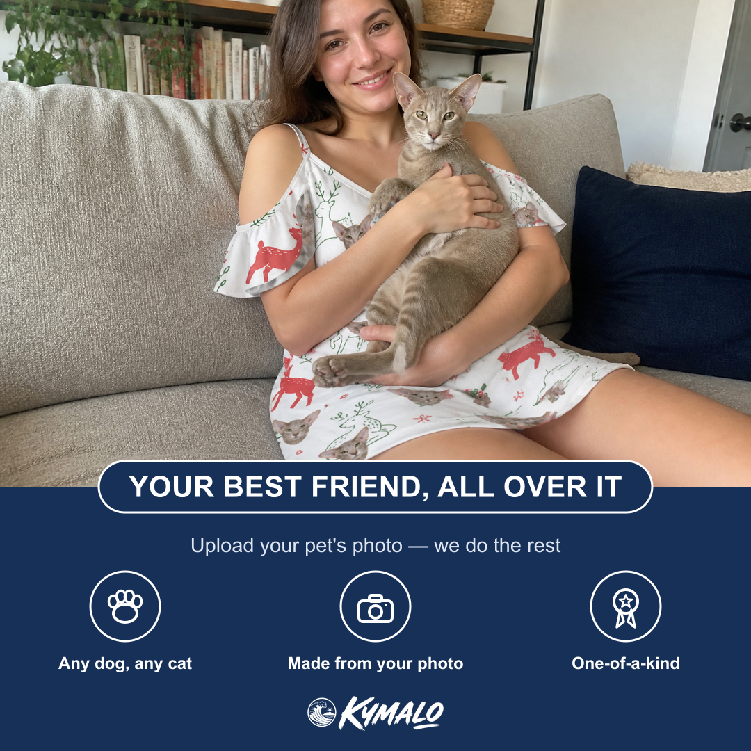 Friends in matching Women's Rudolph Ruckus Custom Cat Face Off-Shoulder Dress — a group gift photo