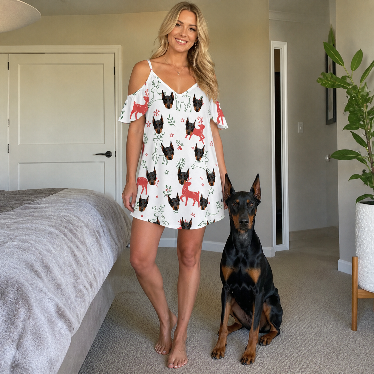 Full-length photo with the pet printed all over this Women's Rudolph Ruckus Custom Dog Face Off-Shoulder Dress