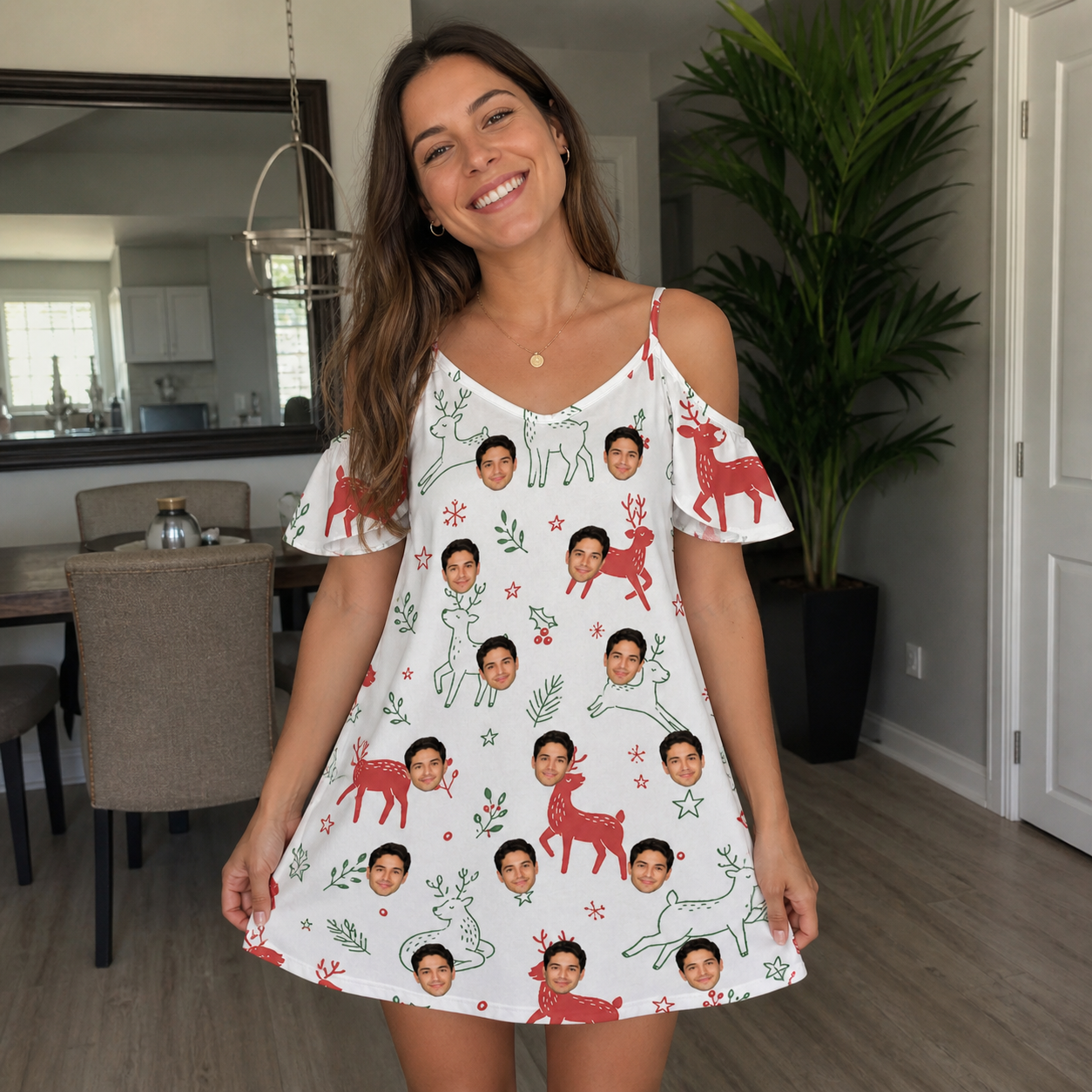 Real-life photo of someone wearing Women's Rudolph Ruckus Custom Face Off-Shoulder Dress — custom faces printed all-over