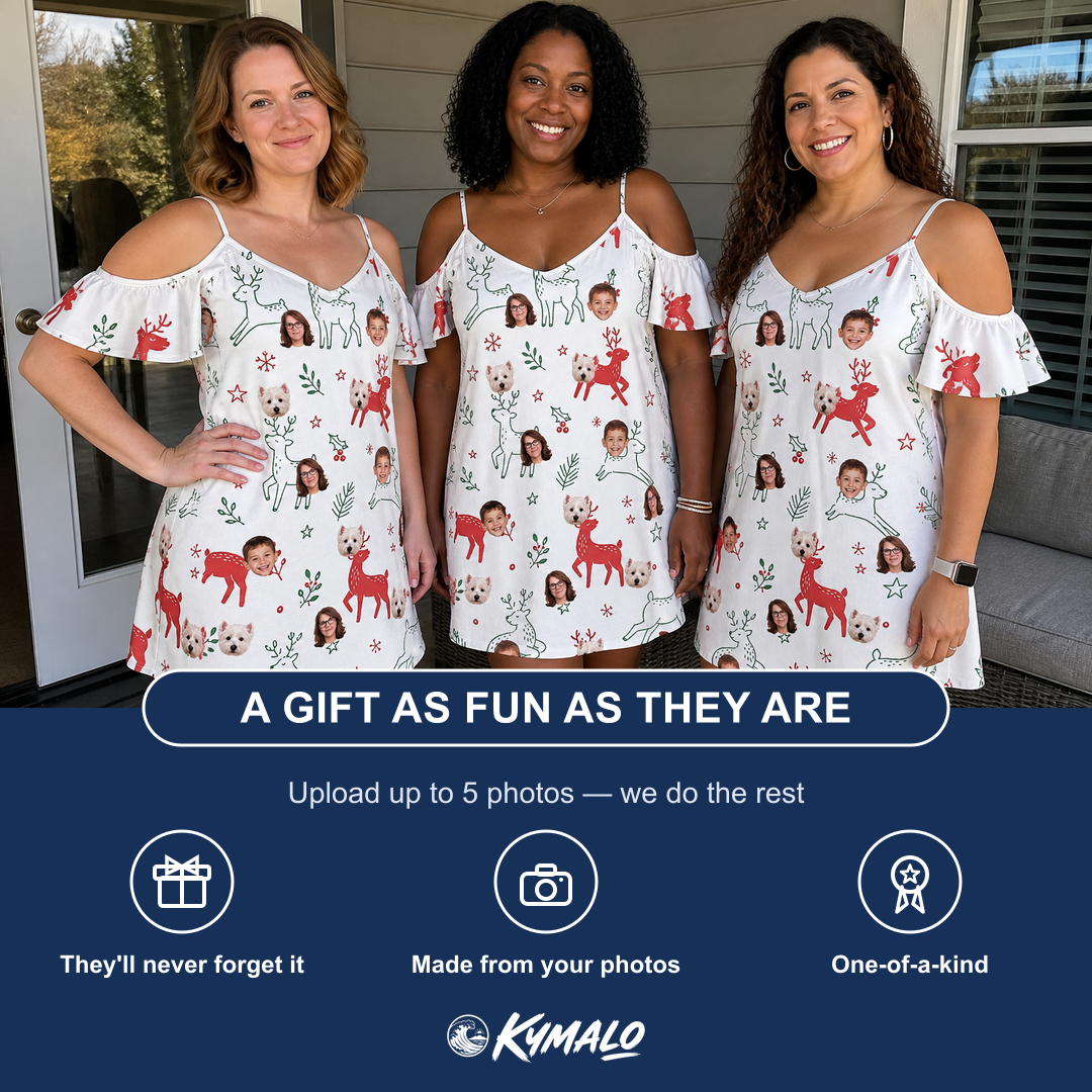 Friends in matching Women's Rudolph Ruckus Custom Face Off-Shoulder Dress — a group gift photo