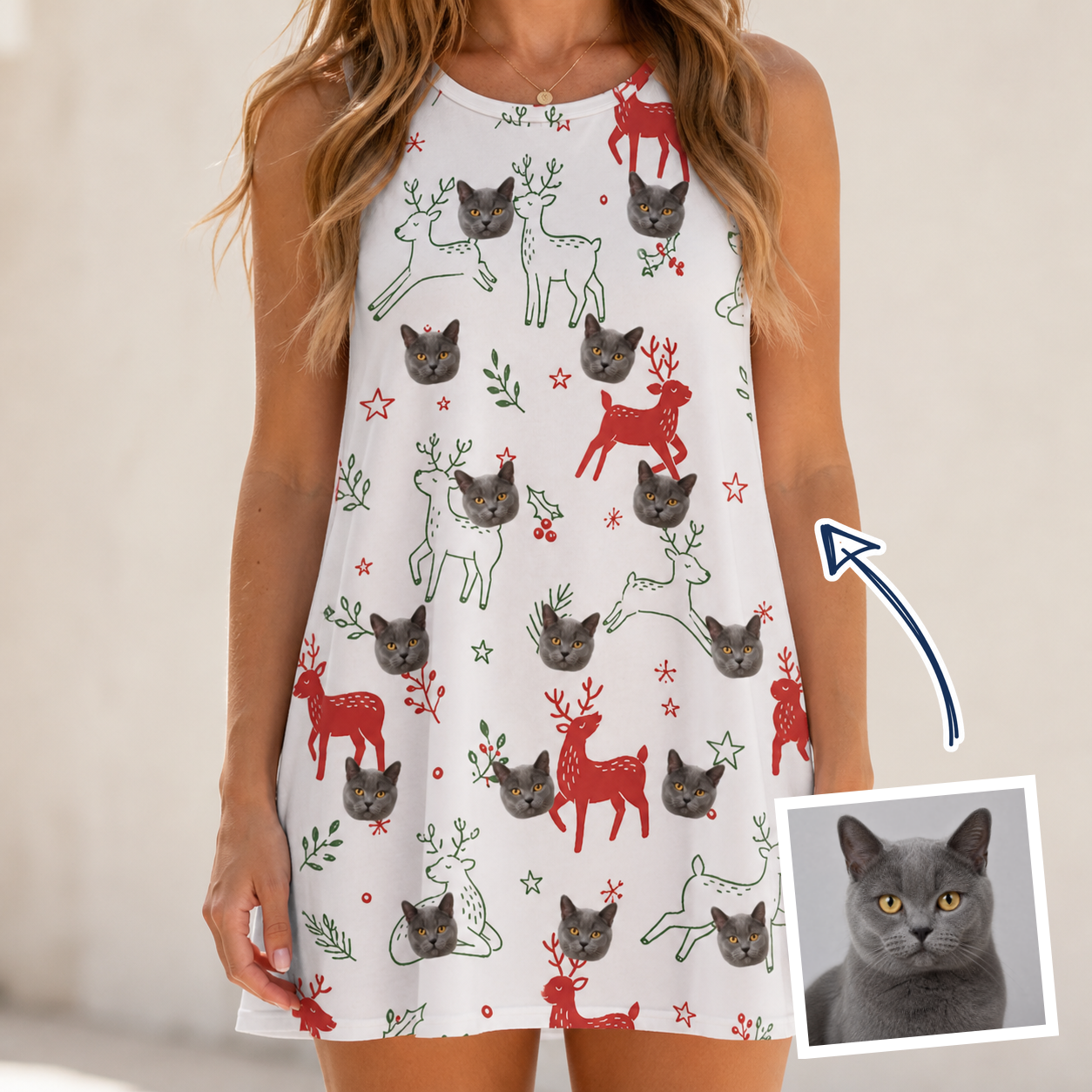 Woman wearing Women's Rudolph Ruckus Custom Cat Face Tank Dress — custom faces printed all-over