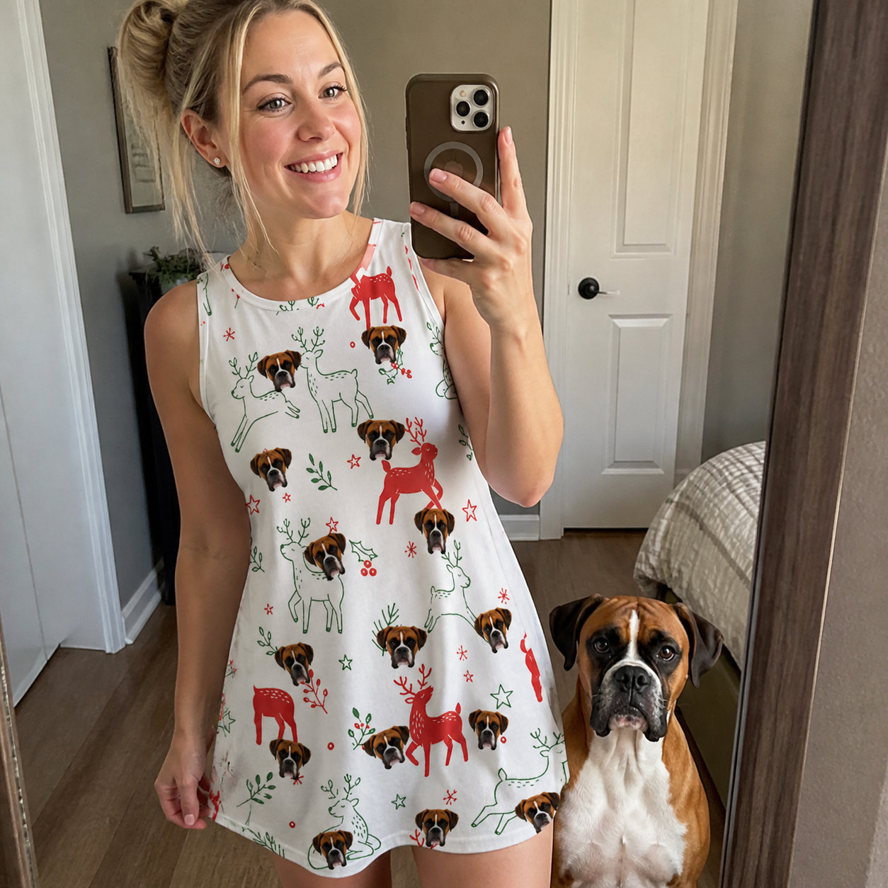 Selfie with the pet whose face is printed all over this Women's Rudolph Ruckus Custom Dog Face Tank Dress