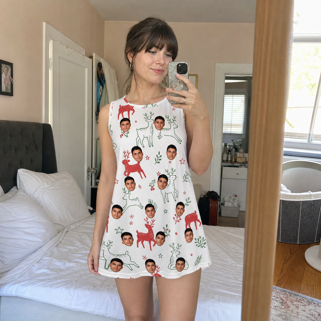 Real-life photo of someone wearing Women's Rudolph Ruckus Custom Face Tank Dress — custom faces printed all-over