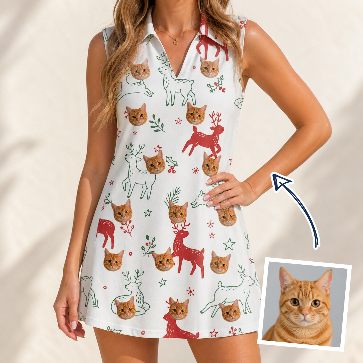 Woman wearing Women's Rudolph Ruckus Custom Cat Face V-Neck Dress — custom faces printed all-over