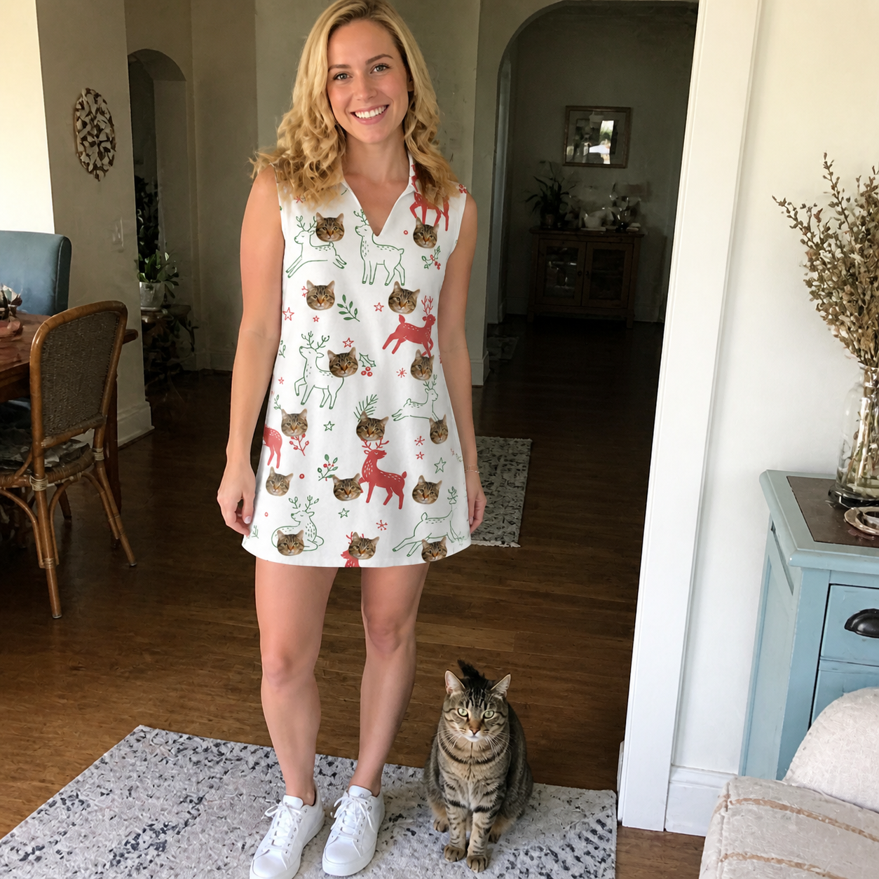 Full-length photo with the pet printed all over this Women's Rudolph Ruckus Custom Cat Face V-Neck Dress