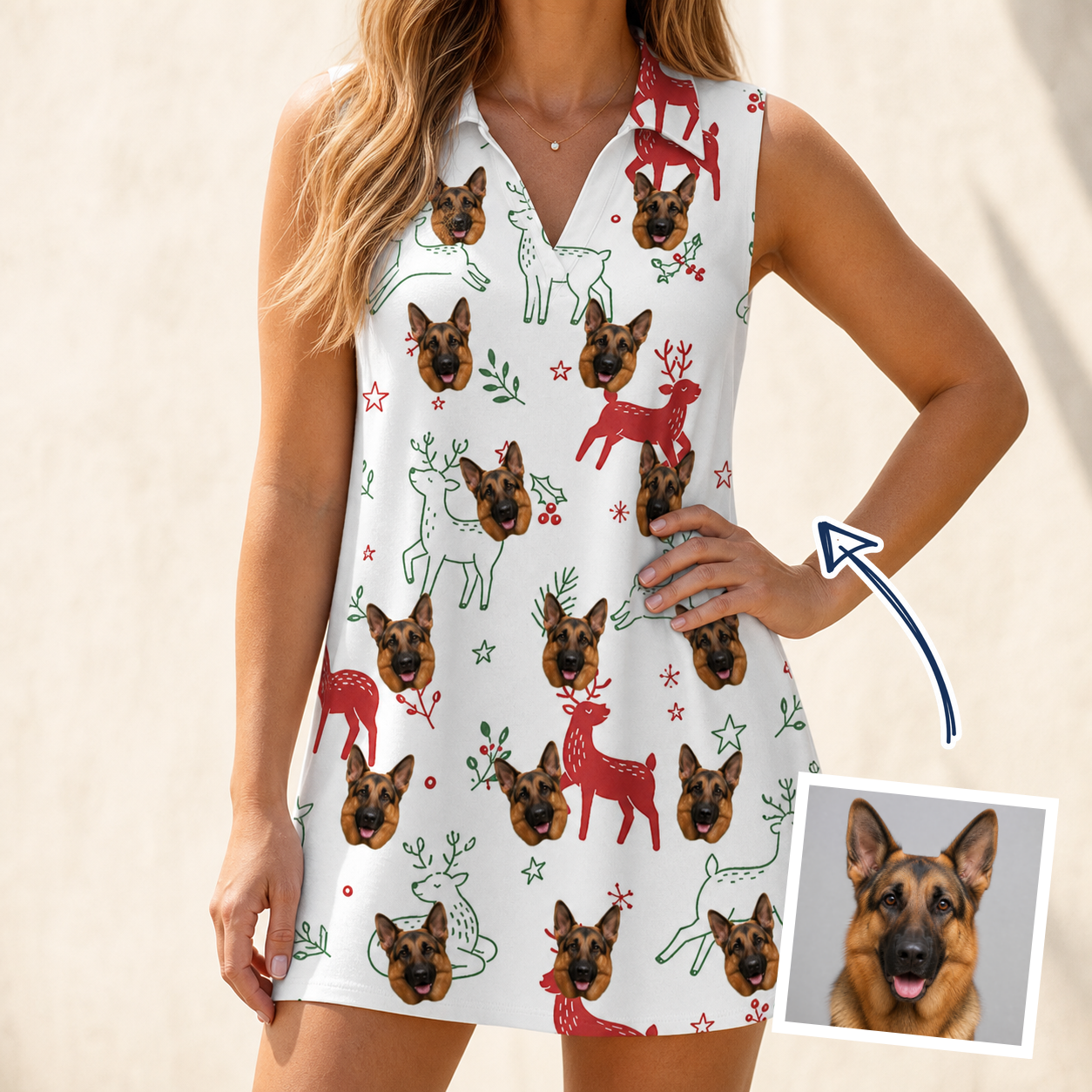 Woman wearing Women's Rudolph Ruckus Custom Dog Face V-Neck Dress — custom faces printed all-over