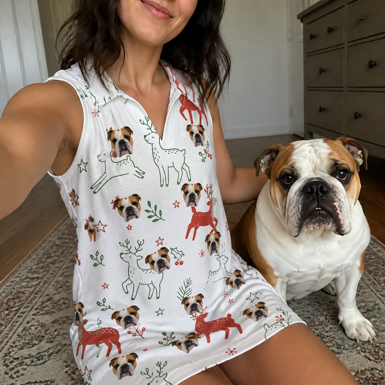 Selfie with the pet whose face is printed all over this Women's Rudolph Ruckus Custom Dog Face V-Neck Dress