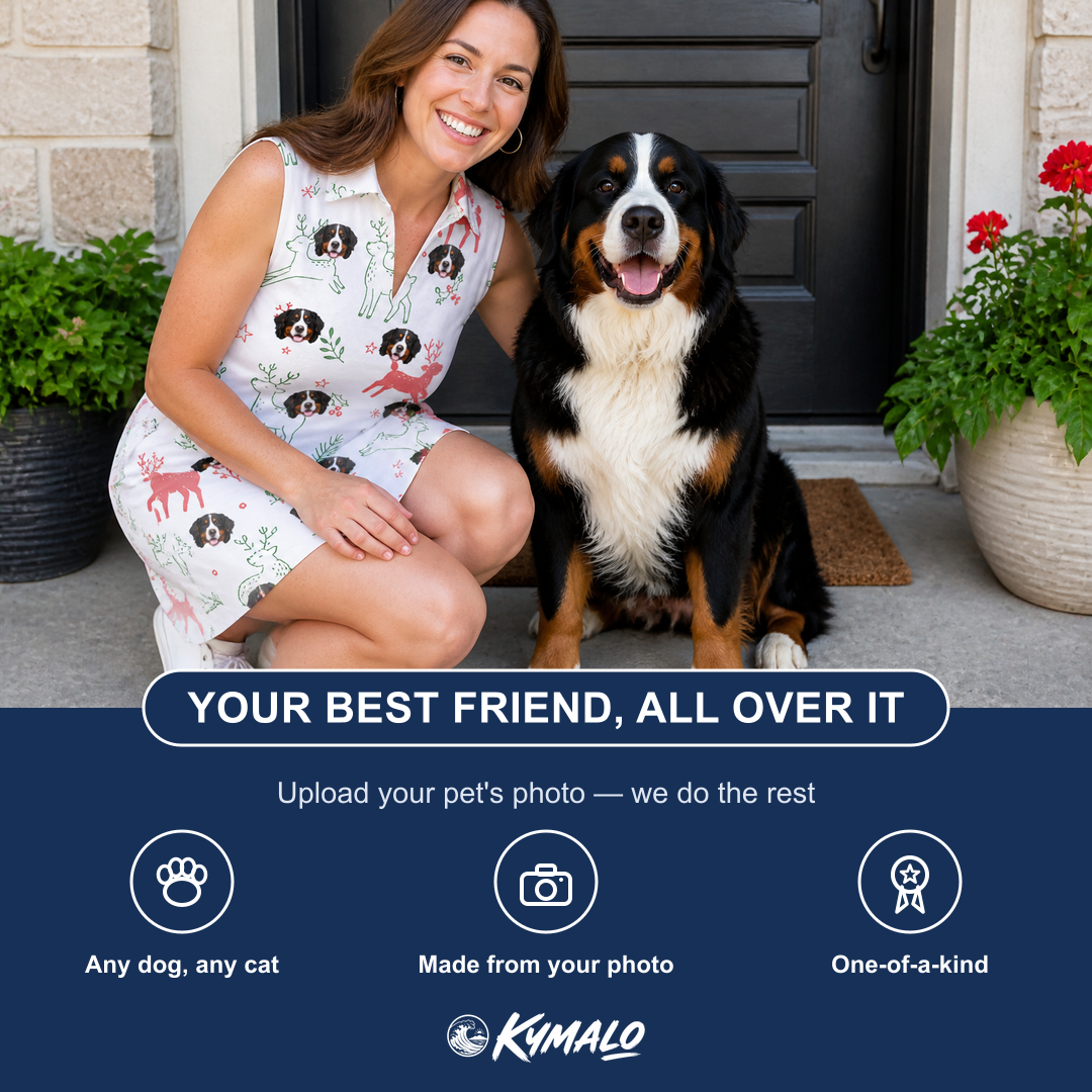Friends in matching Women's Rudolph Ruckus Custom Dog Face V-Neck Dress — a group gift photo
