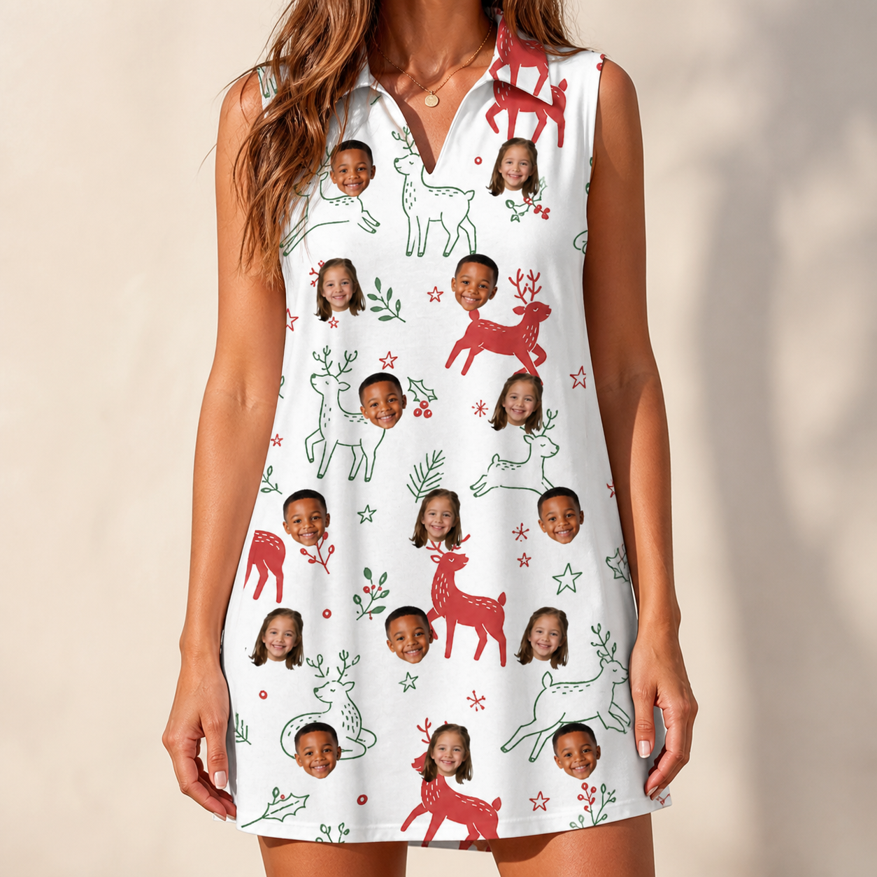 Model wearing Women's Rudolph Ruckus Custom Face V-Neck Dress printed with kids' faces