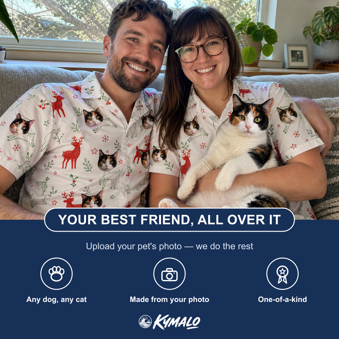 Friends in matching Men's Rudolph Ruckus Custom Cat Face Hawaiian Shirt — a group gift photo