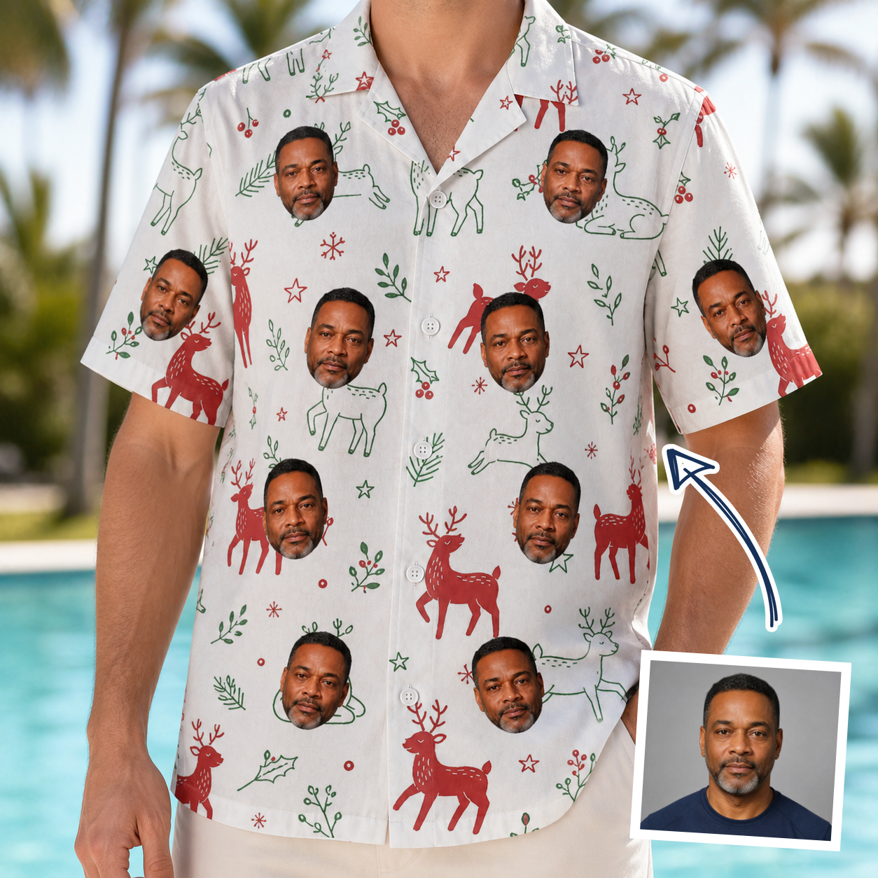 Man wearing Men's Rudolph Ruckus Custom Face Hawaiian Shirt — custom faces printed all-over