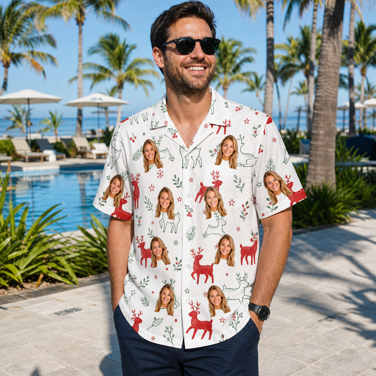 Real-life photo of someone wearing Men's Rudolph Ruckus Custom Face Hawaiian Shirt — custom faces printed all-over