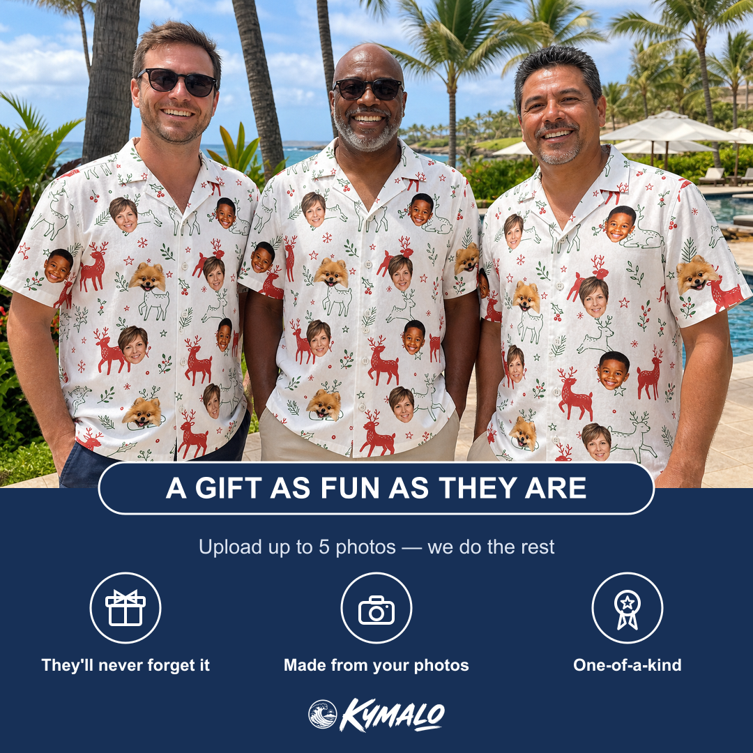 Friends in matching Men's Rudolph Ruckus Custom Face Hawaiian Shirt — a group gift photo
