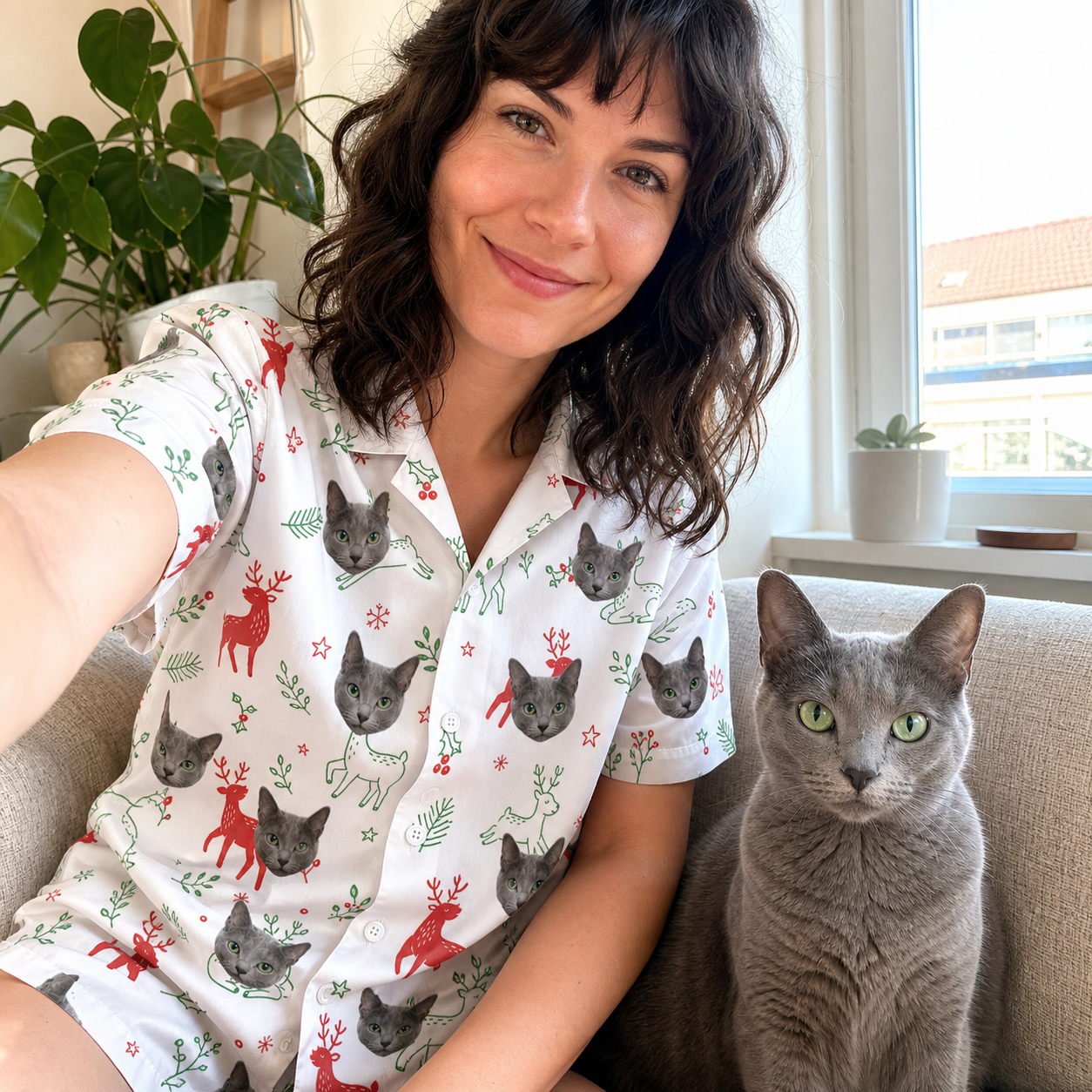 Selfie with the pet whose face is printed all over this Women's Rudolph Ruckus Custom Cat Face Hawaiian Shirt