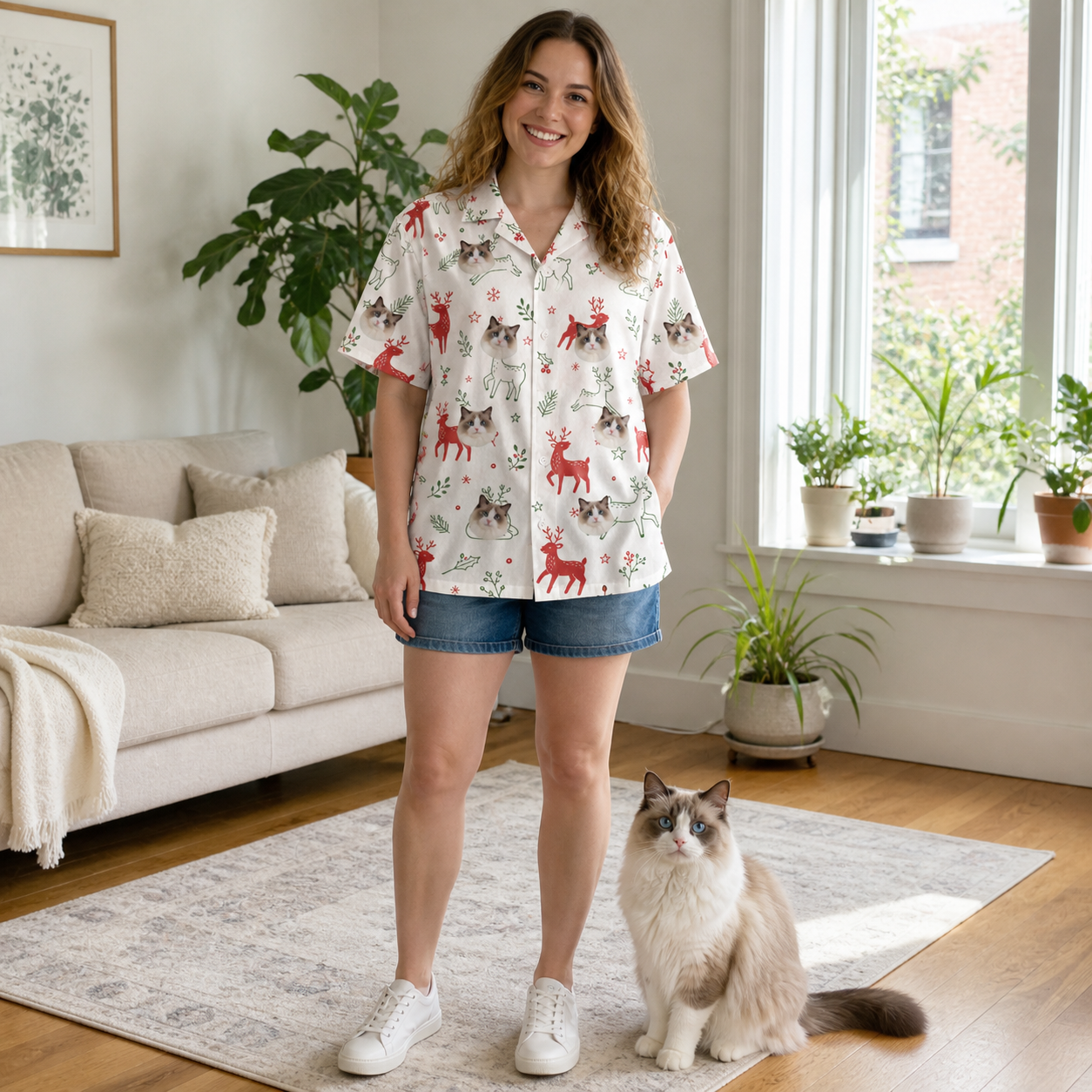 Full-length photo with the pet printed all over this Women's Rudolph Ruckus Custom Cat Face Hawaiian Shirt
