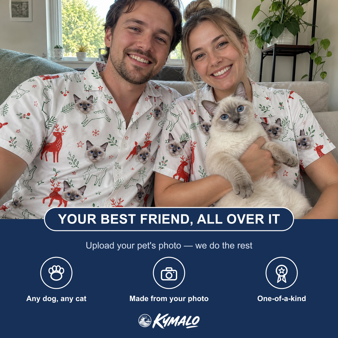 Friends in matching Women's Rudolph Ruckus Custom Cat Face Hawaiian Shirt — a group gift photo