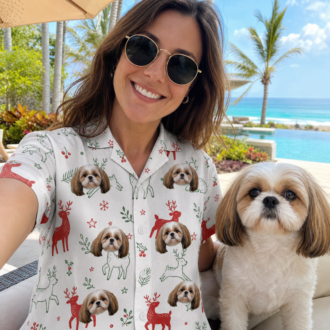 Selfie with the pet whose face is printed all over this Women's Rudolph Ruckus Custom Dog Face Hawaiian Shirt