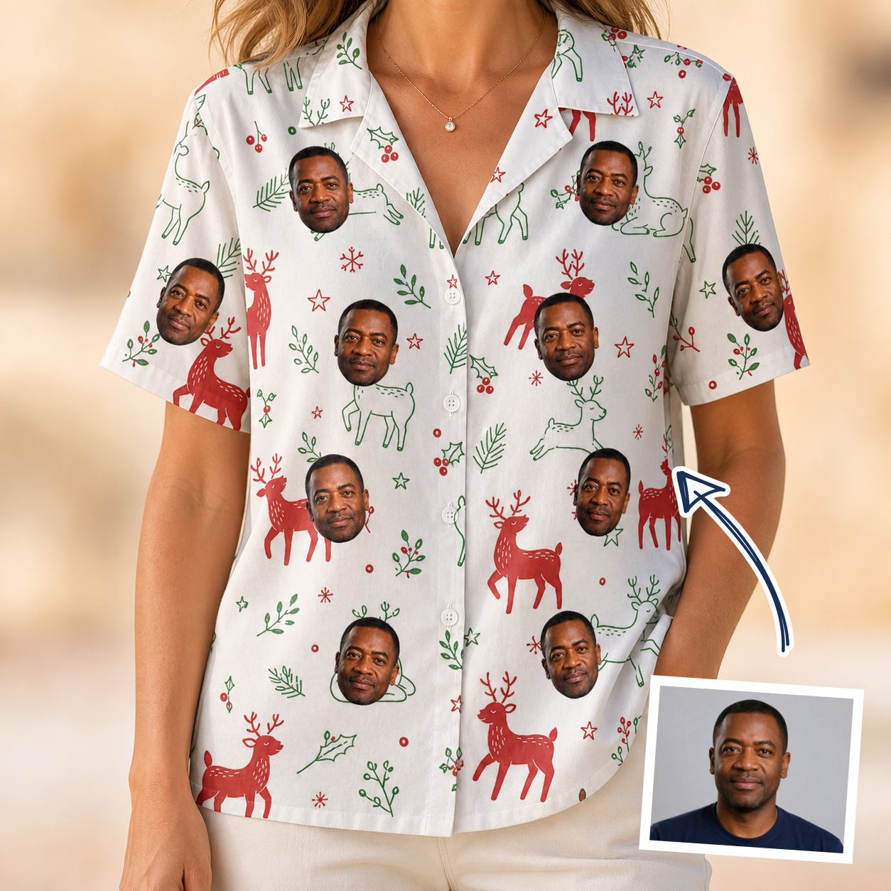 Woman wearing Women's Rudolph Ruckus Custom Face Hawaiian Shirt — custom faces printed all-over