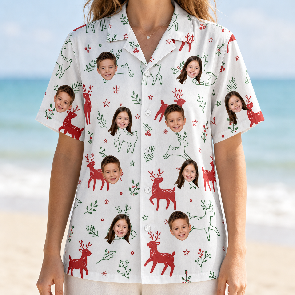 Model wearing Women's Rudolph Ruckus Custom Face Hawaiian Shirt printed with kids' faces