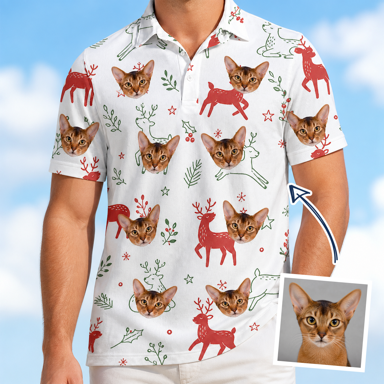 Man wearing Men's Rudolph Ruckus Custom Cat Face Polo Shirt — custom faces printed all-over