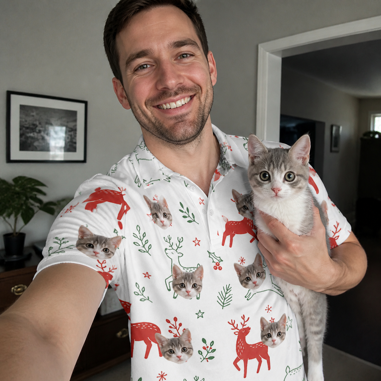 Selfie with the pet whose face is printed all over this Men's Rudolph Ruckus Custom Cat Face Polo Shirt