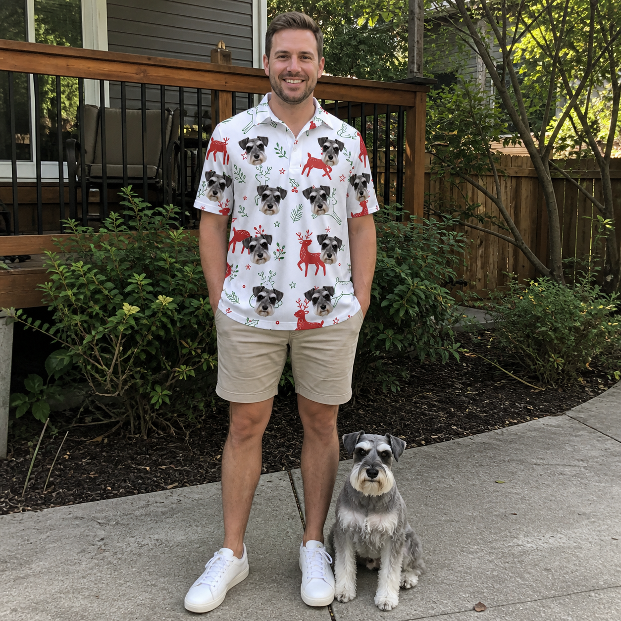 Full-length photo with the pet printed all over this Men's Rudolph Ruckus Custom Dog Face Polo Shirt
