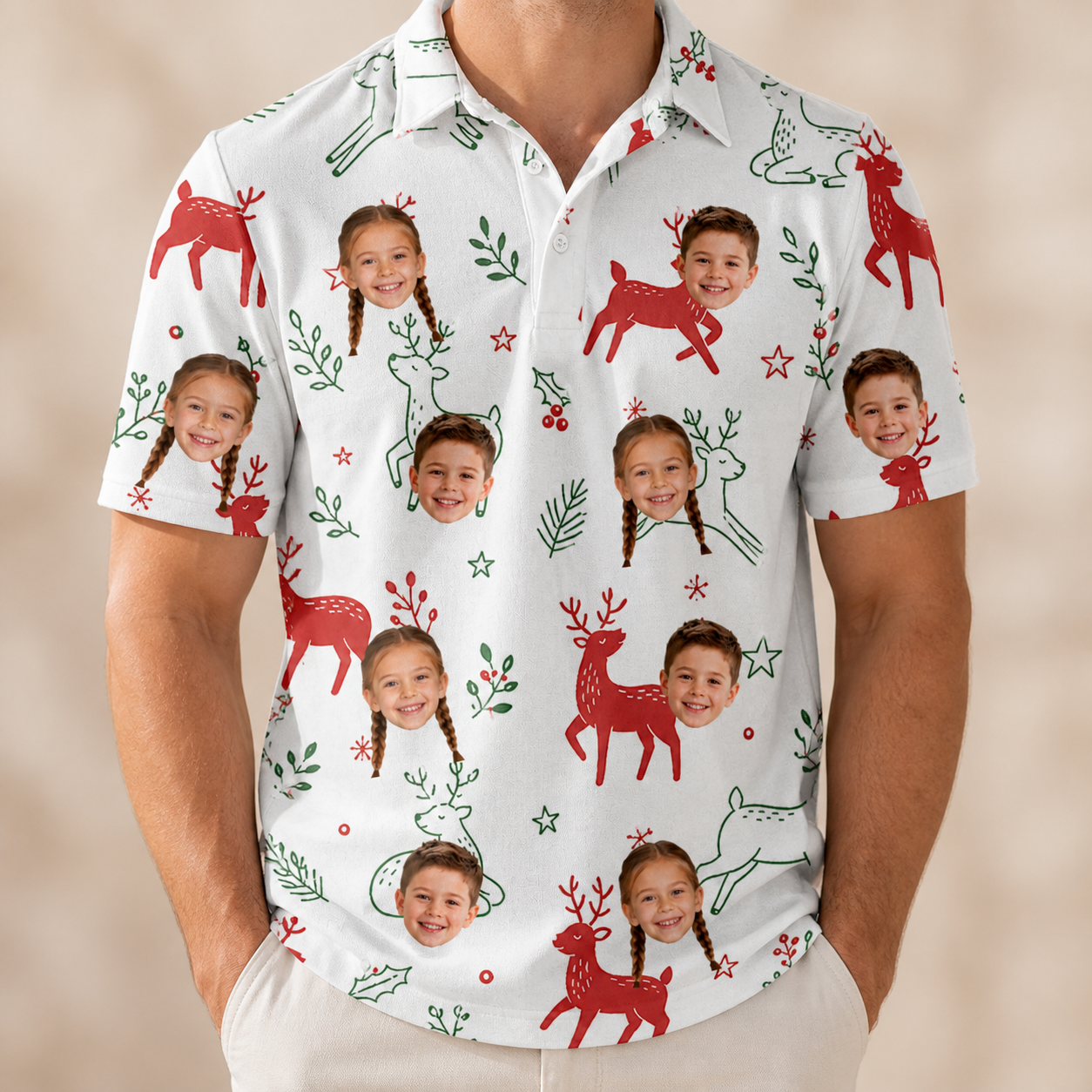 Model wearing Men's Rudolph Ruckus Custom Face Polo Shirt printed with kids' faces