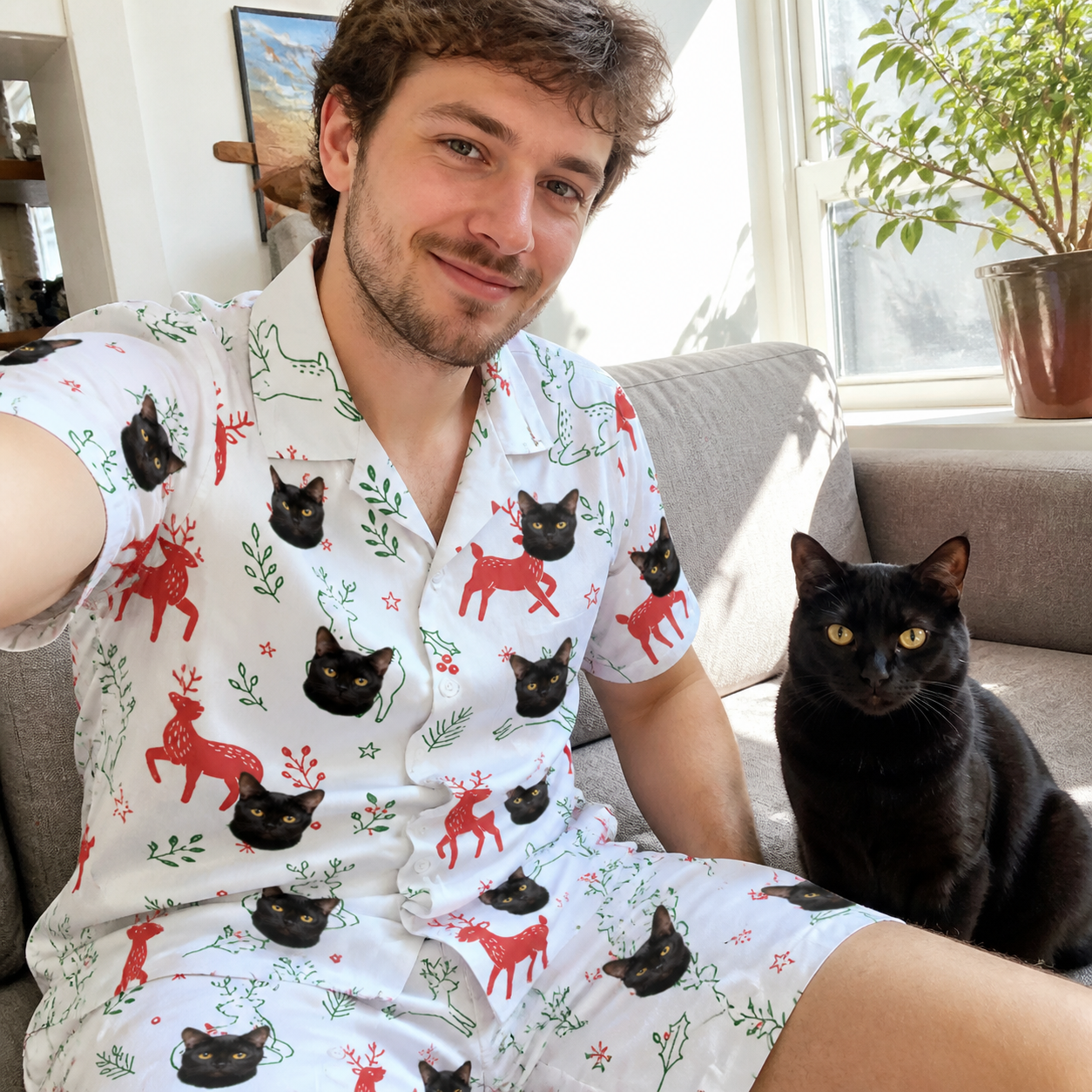 Selfie with the pet whose face is printed all over this Men's Rudolph Ruckus Custom Cat Face Shirt & Shorts Set