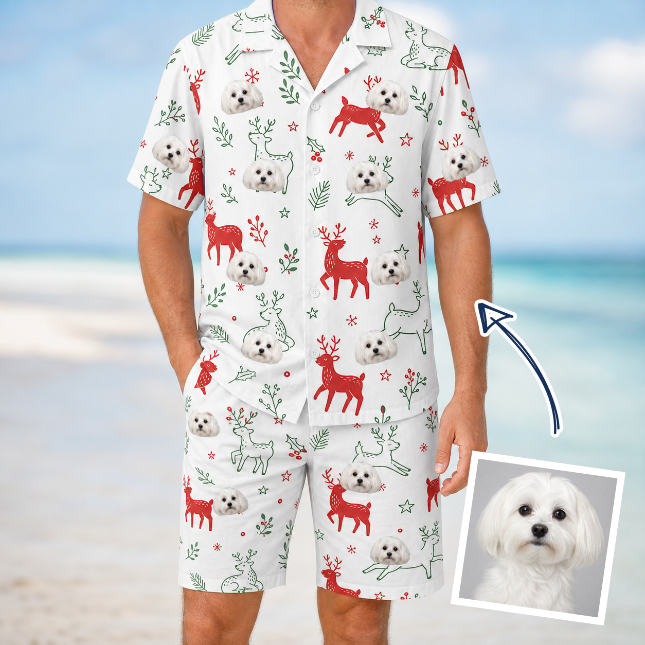 Man wearing Men's Rudolph Ruckus Custom Dog Face Shirt & Shorts Set — custom faces printed all-over