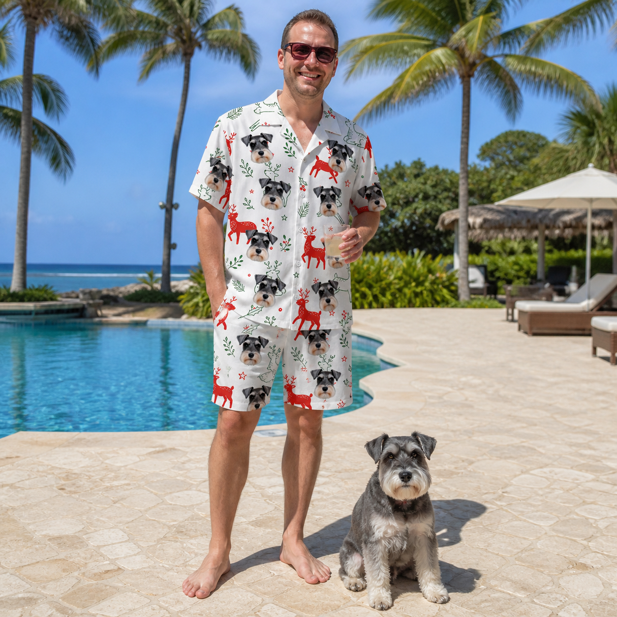 Full-length photo with the pet printed all over this Men's Rudolph Ruckus Custom Dog Face Shirt & Shorts Set