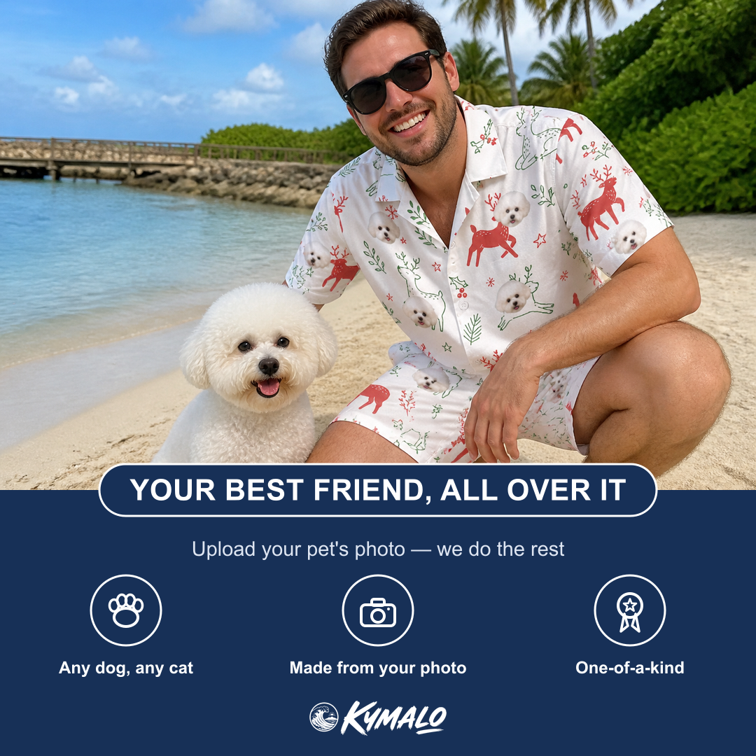 Friends in matching Men's Rudolph Ruckus Custom Dog Face Shirt & Shorts Set — a group gift photo
