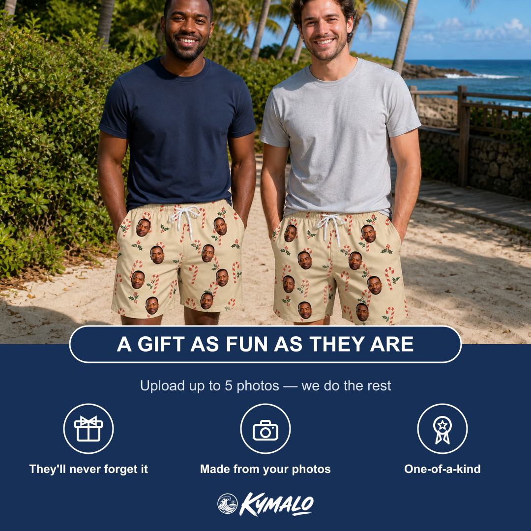 Friends in matching Men's Minty Mistletoe Custom Face Beach Shorts — a group gift photo